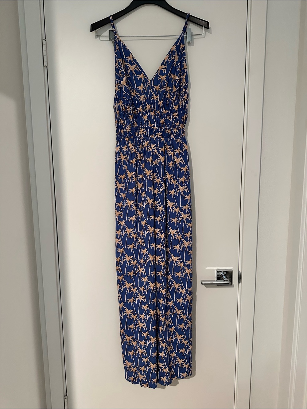 Blue Palm-Print V-Neck Jumpsuit